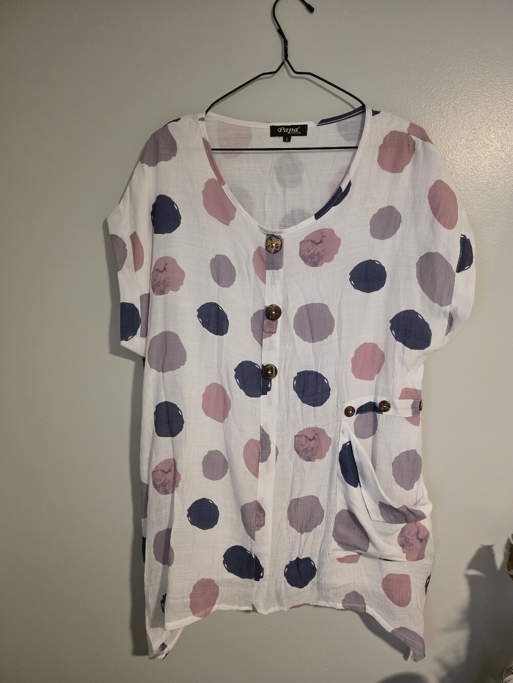 White short-sleeve top, brand Papa, vibrant abstract multicoloured polka dot